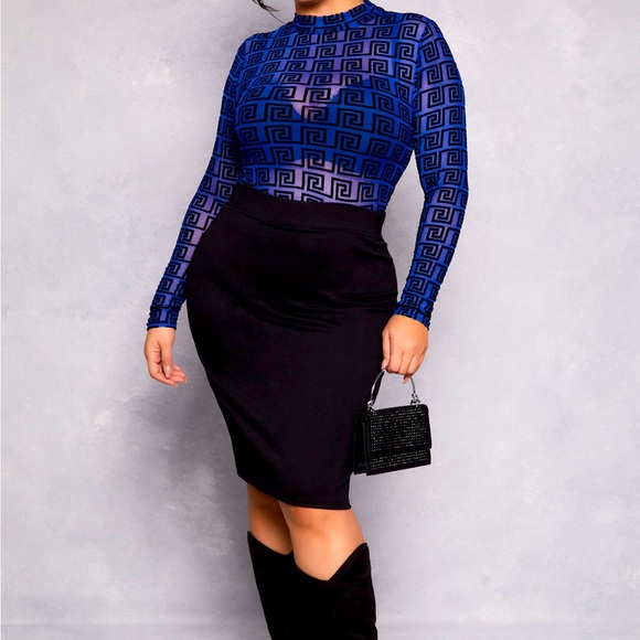 Plus Size Mesh‎ Velvet Burnout Greek Key Bodysuit - Royal Blue - Picture 1 of 4